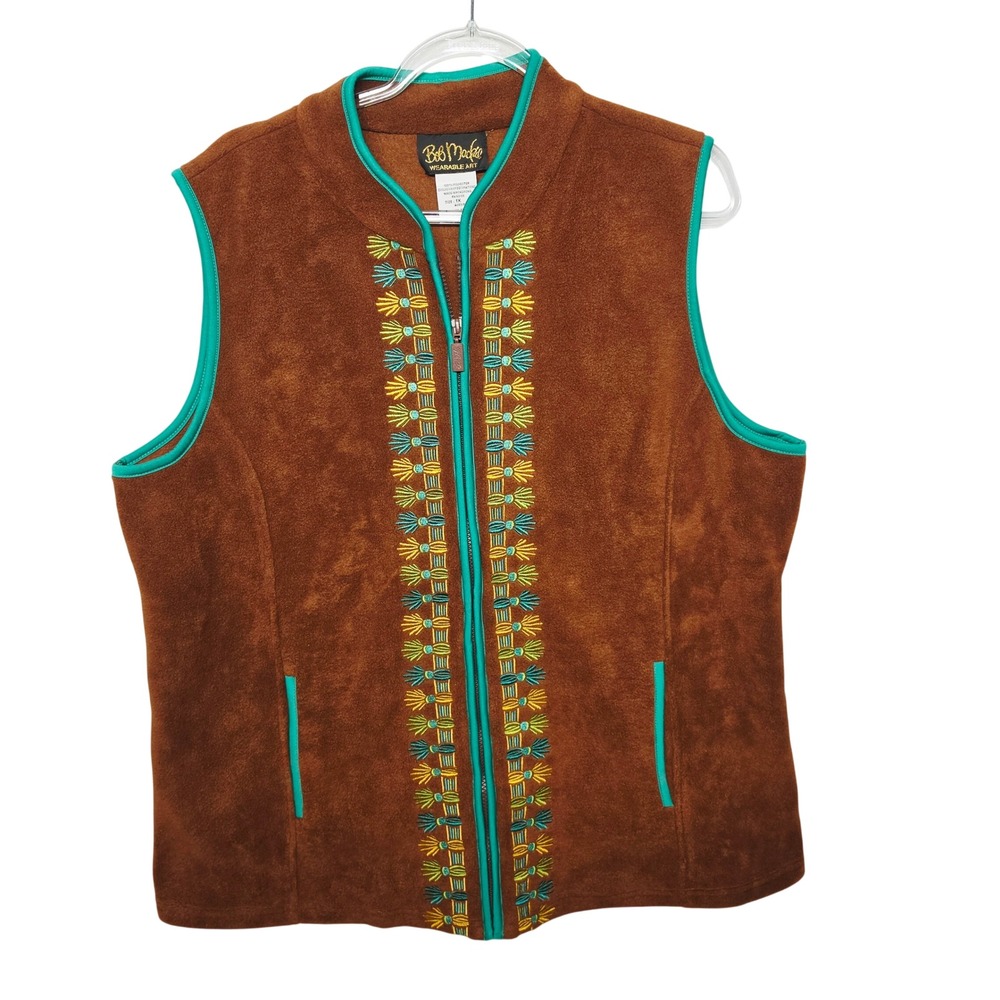 Bob Mackie Wearable Art Brown Fleece Vest Teal Embroidery 1X A35318 Southwestern